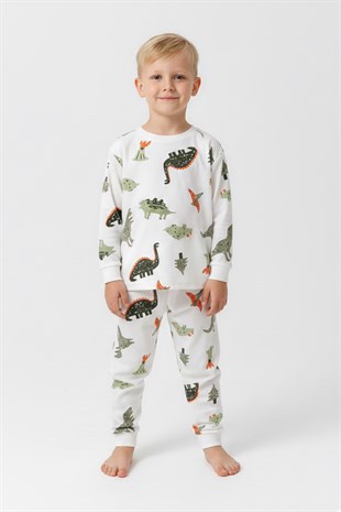 Erkek Çocuk Dinozor Desenli  %100 Pamuk Reaktif Boyalı Süprem Kumaş Uzun Kollu Pijama Takımı