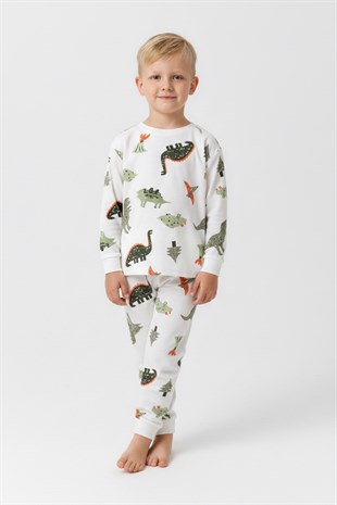 Erkek Çocuk Dinozor Desenli  %100 Pamuk Reaktif Boyalı Süprem Kumaş Uzun Kollu Pijama Takımı