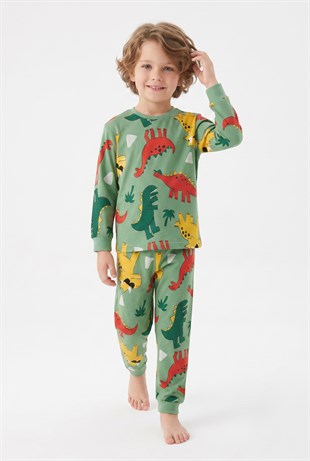 Erkek Çocuk Dinozor Desenli %100 Pamuk Reaktif Boyalı Süprem Kumaş Uzun Kollu Pijama Takımı