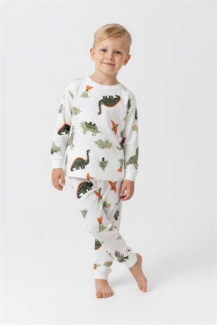 Erkek Çocuk Dinozor Desenli  %100 Pamuk Reaktif Boyalı Süprem Kumaş Uzun Kollu Pijama Takımı