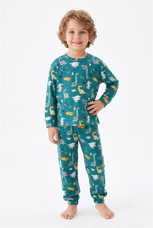 Erkek Çocuk Dinozor Desenli %100 Pamuk Reaktif Boyama İnterlok Kumaşş Uzun Kollu Pijama Takımı