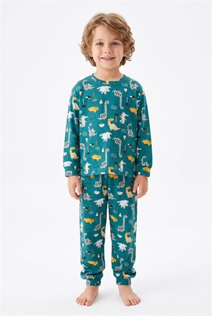Erkek Çocuk Dinozor Desenli %100 Pamuk Reaktif Boyama İnterlok Kumaşş Uzun Kollu Pijama Takımı