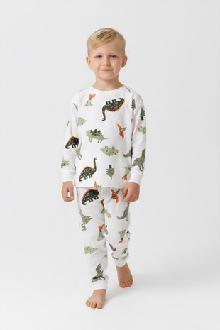 Erkek Çocuk Dinozor Desenli  %100 Pamuk Reaktif Boyalı Süprem Kumaş Uzun Kollu Pijama Takımı