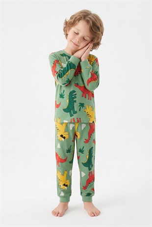 Erkek Çocuk Dinozor Desenli %100 Pamuk Reaktif Boyalı Süprem Kumaş Uzun Kollu Pijama Takımı