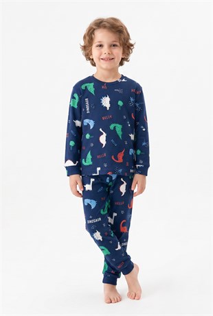Erkek Çocuk Dinozor Desenli %100 Pamuk Reaktif Boyalı İnterlok Kumaş Uzun Kollu Pijama Takımı