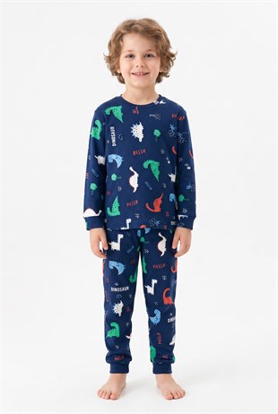 Erkek Çocuk Dinozor Desenli %100 Pamuk Reaktif Boyalı İnterlok Kumaş Uzun Kollu Pijama Takımı