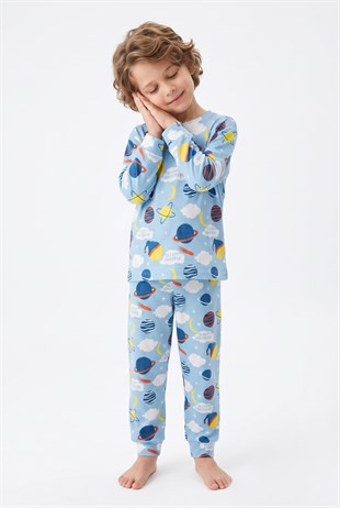 Erkek Çocuk Gezegen Desenli %100 Pamuk Reaktif Boyalı İnterlok Kumaş Uzun Kollu Pijama Takımı