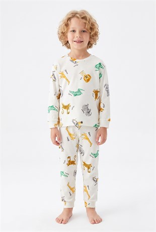 Erkek Çocuk Safari Hayvan Desenli %100 Pamuk Reaktif Boyalı İnterlok Kumaş Uzun Kollu Pijama Takımı
