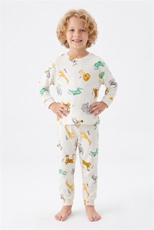 Erkek Çocuk Safari Hayvan Desenli %100 Pamuk Reaktif Boyalı İnterlok Kumaş Uzun Kollu Pijama Takımı