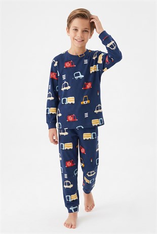 Garson Erkek Çocuk %100 Pamuk Reaktif Boyalı İnterlok Kumaş Araba Baskılı Pijama Takımı