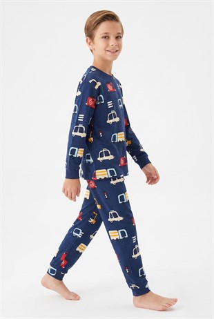 Garson Erkek Çocuk %100 Pamuk Reaktif Boyalı İnterlok Kumaş Araba Baskılı Pijama Takımı