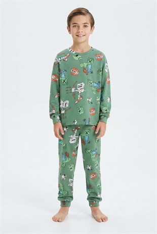 Garson Erkek Çocuk Desenli %100 Pamuk Reaktif Boyalı İnterlok Kumaş Uzun Kollu Pijama Takımı