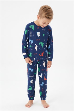 Garson Erkek Çocuk Dinozor Desenli %100 Pamuk Reaktif Boyalı İnterlok Kumaş Uzun Kollu Pijama Takımı
