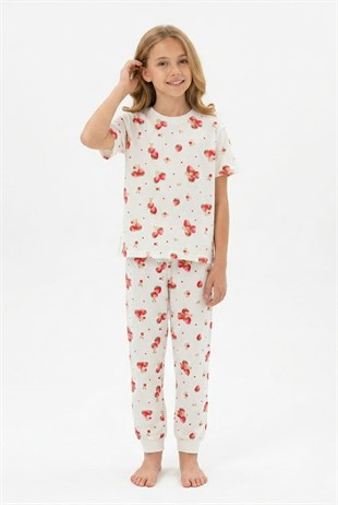 Garson Kız Çocuk Çilek Desenli %100 Pamuk Süprem Kumaş Kısa Kollu Pijama Takımı