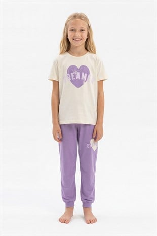 Garson Kız Çocuk Kalp Baskılı  %100 Pamuk Reaktif Boyama Süprem  Kumaş Kısa Kollu Pijama Takımı