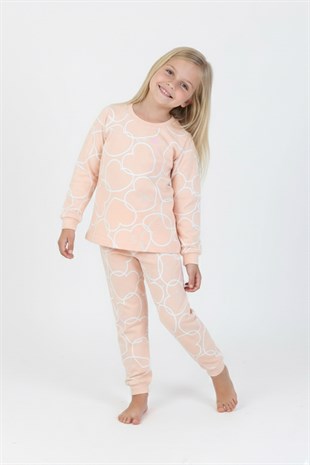 Kız Çocuk Büyük Kalp Desenli %100 Pamuk Süprem Kumaş Uzun Kollu Pijama Takımı