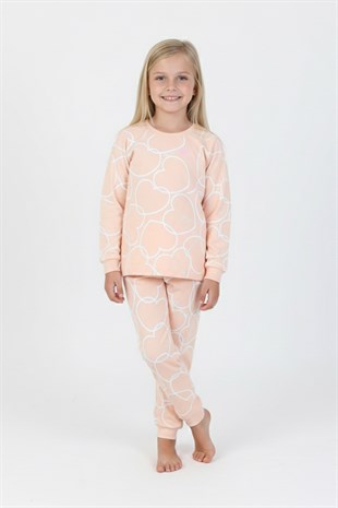 Kız Çocuk Büyük Kalp Desenli %100 Pamuk Süprem Kumaş Uzun Kollu Pijama Takımı