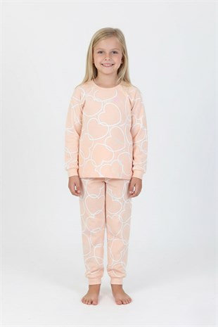 Kız Çocuk Büyük Kalp Desenli %100 Pamuk Süprem Kumaş Uzun Kollu Pijama Takımı