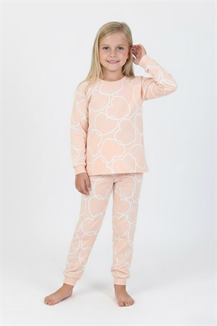 Kız Çocuk Büyük Kalp Desenli %100 Pamuk Süprem Kumaş Uzun Kollu Pijama Takımı