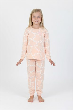 Kız Çocuk Büyük Kalp Desenli %100 Pamuk Süprem Kumaş Uzun Kollu Pijama Takımı