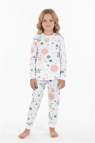 Kız Çocuk Desenli %100 Pamuk Reaktif Boyalı Süprem Kumaş Uzun Kollu Pijama Takımı
