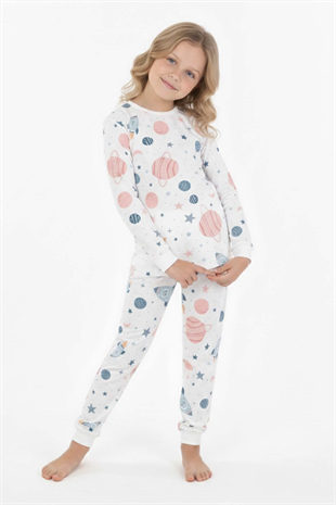 Kız Çocuk Desenli %100 Pamuk Reaktif Boyalı Süprem Kumaş Uzun Kollu Pijama Takımı