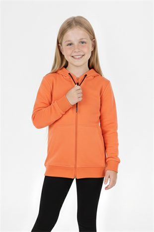 Kız Çocuk Fermuarlı Kapüşonlu Kanguru Cepli Düz Fırçalı İki İplik Sweatshirt