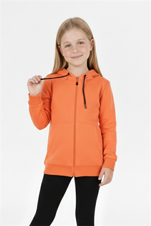 Kız Çocuk Fermuarlı Kapüşonlu Kanguru Cepli Düz Fırçalı İki İplik Sweatshirt