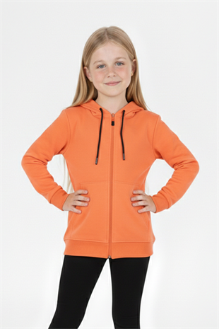 Kız Çocuk Fermuarlı Kapüşonlu Kanguru Cepli Düz Fırçalı İki İplik Sweatshirt