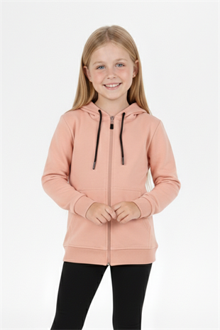 Kız Çocuk Fermuarlı Kapüşonlu Kanguru Cepli Düz Fırçalı İki İplik Sweatshirt