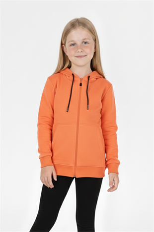 Kız Çocuk Fermuarlı Kapüşonlu Kanguru Cepli Düz Fırçalı İki İplik Sweatshirt