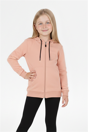 Kız Çocuk Fermuarlı Kapüşonlu Kanguru Cepli Düz Fırçalı İki İplik Sweatshirt