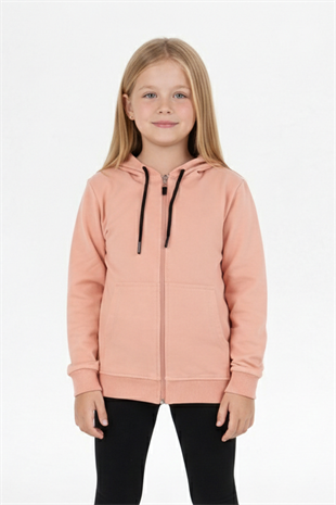 Kız Çocuk Fermuarlı Kapüşonlu Kanguru Cepli Düz Fırçalı İki İplik Sweatshirt