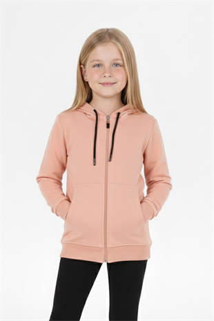 Kız Çocuk Fermuarlı Kapüşonlu Kanguru Cepli Düz Fırçalı İki İplik Sweatshirt