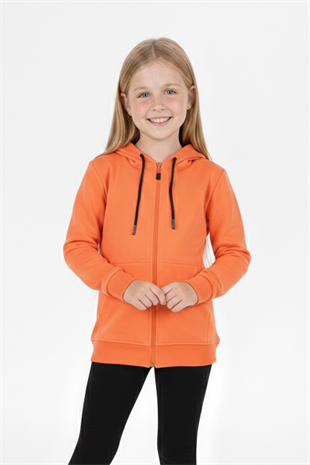 Kız Çocuk Fermuarlı Kapüşonlu Kanguru Cepli Düz Fırçalı İki İplik Sweatshirt