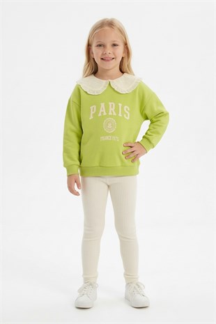 Kız Çocuk Fıstık Yeşili Paris Baskılı Dantel Yakalı Sweatshirt Fitilli Tayt Takımı