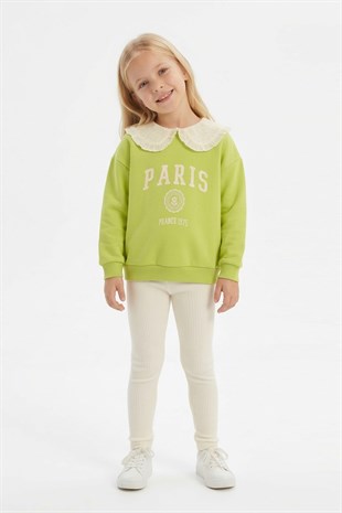 Kız Çocuk Fıstık Yeşili Paris Baskılı Dantel Yakalı Sweatshirt Fitilli Tayt Takımı