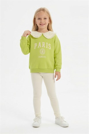 Kız Çocuk Fıstık Yeşili Paris Baskılı Dantel Yakalı Sweatshirt Fitilli Tayt Takımı