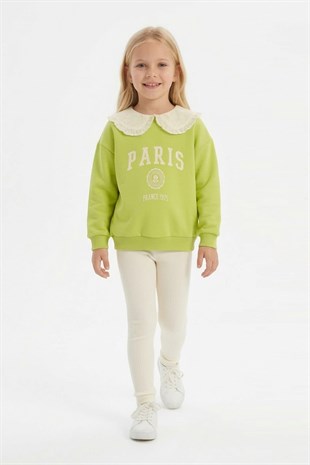 Kız Çocuk Fıstık Yeşili Paris Baskılı Dantel Yakalı Sweatshirt Fitilli Tayt Takımı