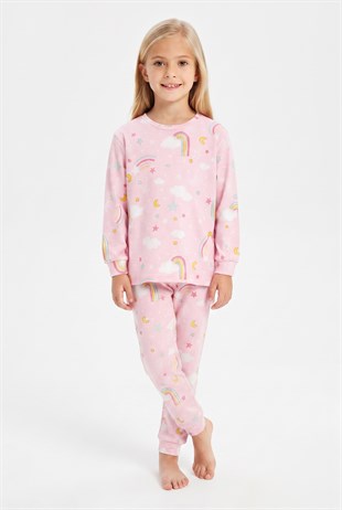 Kız Çocuk Gökkuşağı Baskılı %100 Pamuk İnterlok Kumaş Uzun Kollu Pijama Takımı