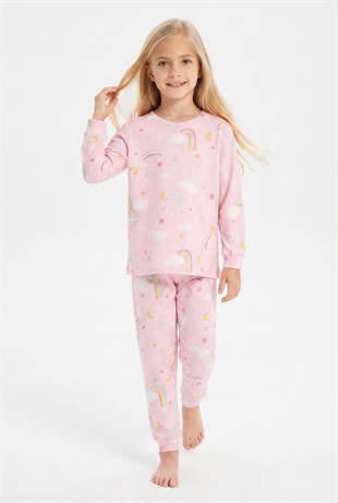 Kız Çocuk Gökkuşağı Baskılı %100 Pamuk İnterlok Kumaş Uzun Kollu Pijama Takımı