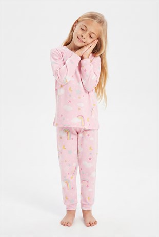 Kız Çocuk Gökkuşağı Baskılı %100 Pamuk İnterlok Kumaş Uzun Kollu Pijama Takımı