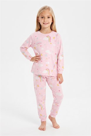 Kız Çocuk Gökkuşağı Baskılı %100 Pamuk İnterlok Kumaş Uzun Kollu Pijama Takımı
