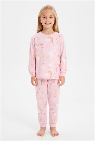 Kız Çocuk Gökkuşağı Baskılı %100 Pamuk İnterlok Kumaş Uzun Kollu Pijama Takımı