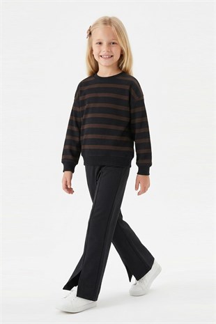 Kız Çocuk İki İplik Çizgili Sweatshirt ve İspanyol Paça Pantolon Takımı