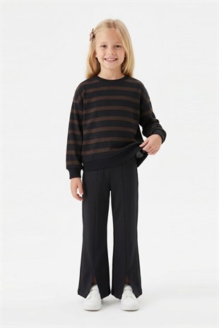 Kız Çocuk İki İplik Çizgili Sweatshirt ve İspanyol Paça Pantolon Takımı