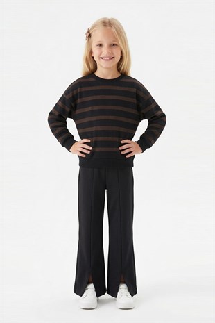 Kız Çocuk İki İplik Çizgili Sweatshirt ve İspanyol Paça Pantolon Takımı