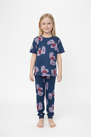 Kız Çocuk Kalp Desenli %100 Pamuk Reaktif Boyalı Süprem Kumaş Kısa Kollu Pijama Takımı