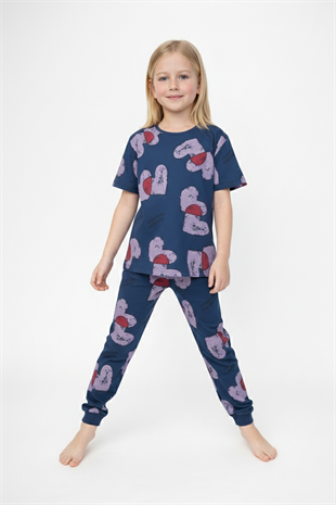 Kız Çocuk Kalp Desenli %100 Pamuk Reaktif Boyalı Süprem Kumaş Kısa Kollu Pijama Takımı