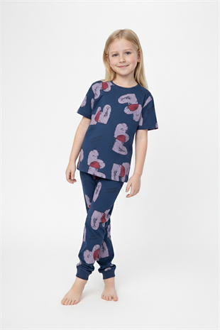 Kız Çocuk Kalp Desenli %100 Pamuk Reaktif Boyalı Süprem Kumaş Kısa Kollu Pijama Takımı